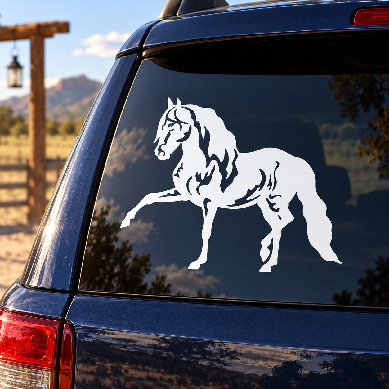 White reaching stallion vinyl car decal on dark vehicle rear window