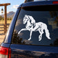 White reaching stallion vinyl car decal on dark vehicle rear window
