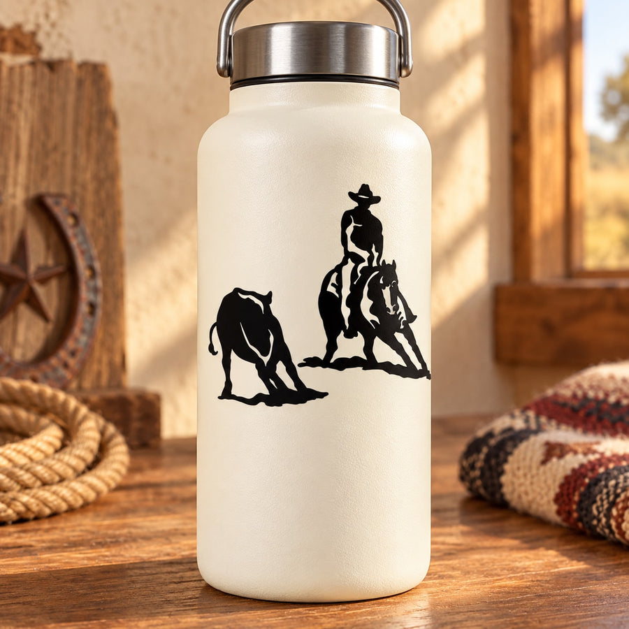 White water bottle with black cowboy on horse and bull decal