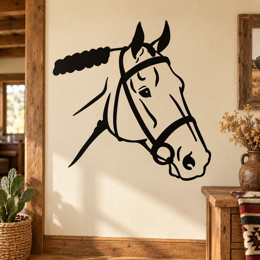 Rodeo horse head decal in black with cowboy hat and lasso design