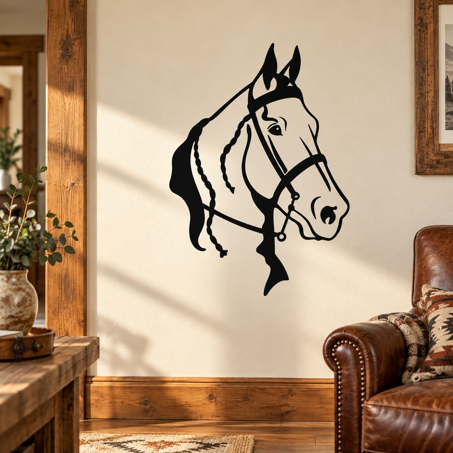Horse with reins decal, black outline silhouette with hanging rein details