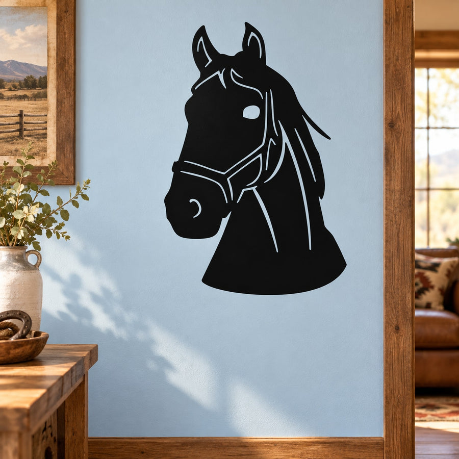 Black horse head decal with perked ears, bridle, and detailed mane