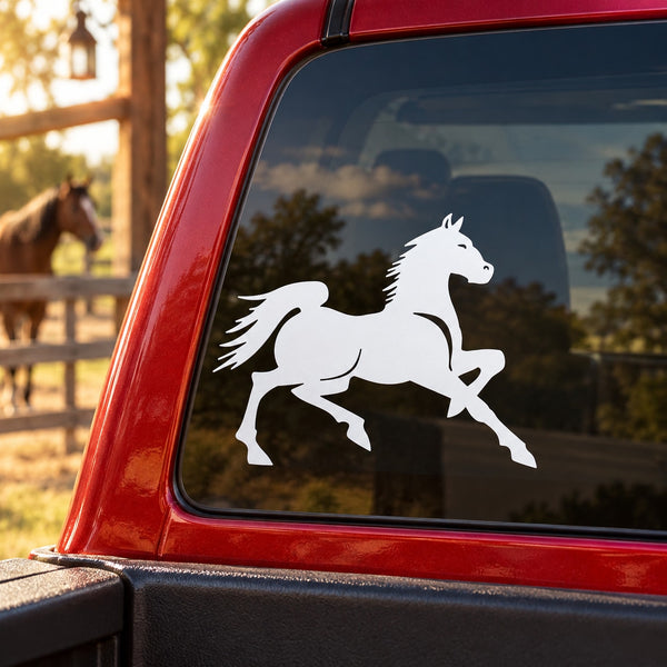 White horse silhouette decal on car window