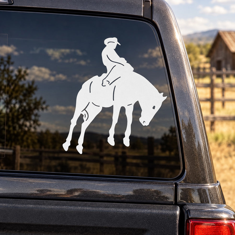 White cowboy riding horse decal silhouette on car window