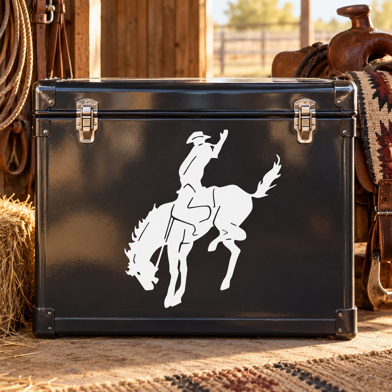 Cowboy riding horse bucking decal with white silhouette on dark black surface