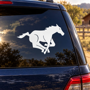 White galloping horse decal on dark car window, vinyl silhouette