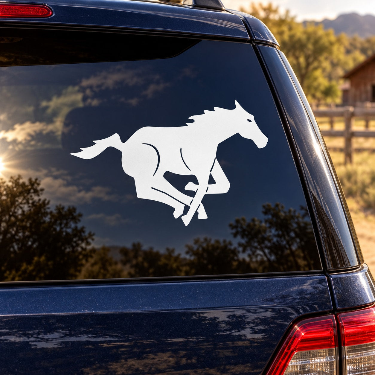 White galloping horse decal on dark car window, vinyl silhouette