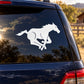 White galloping horse decal on dark car window, vinyl silhouette