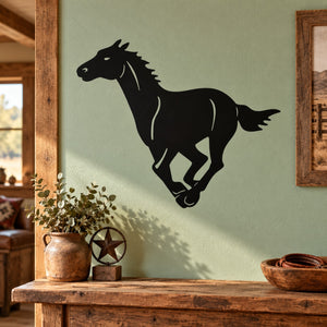 Horse galloping silhouette wall decal, black vinyl with dynamic pose