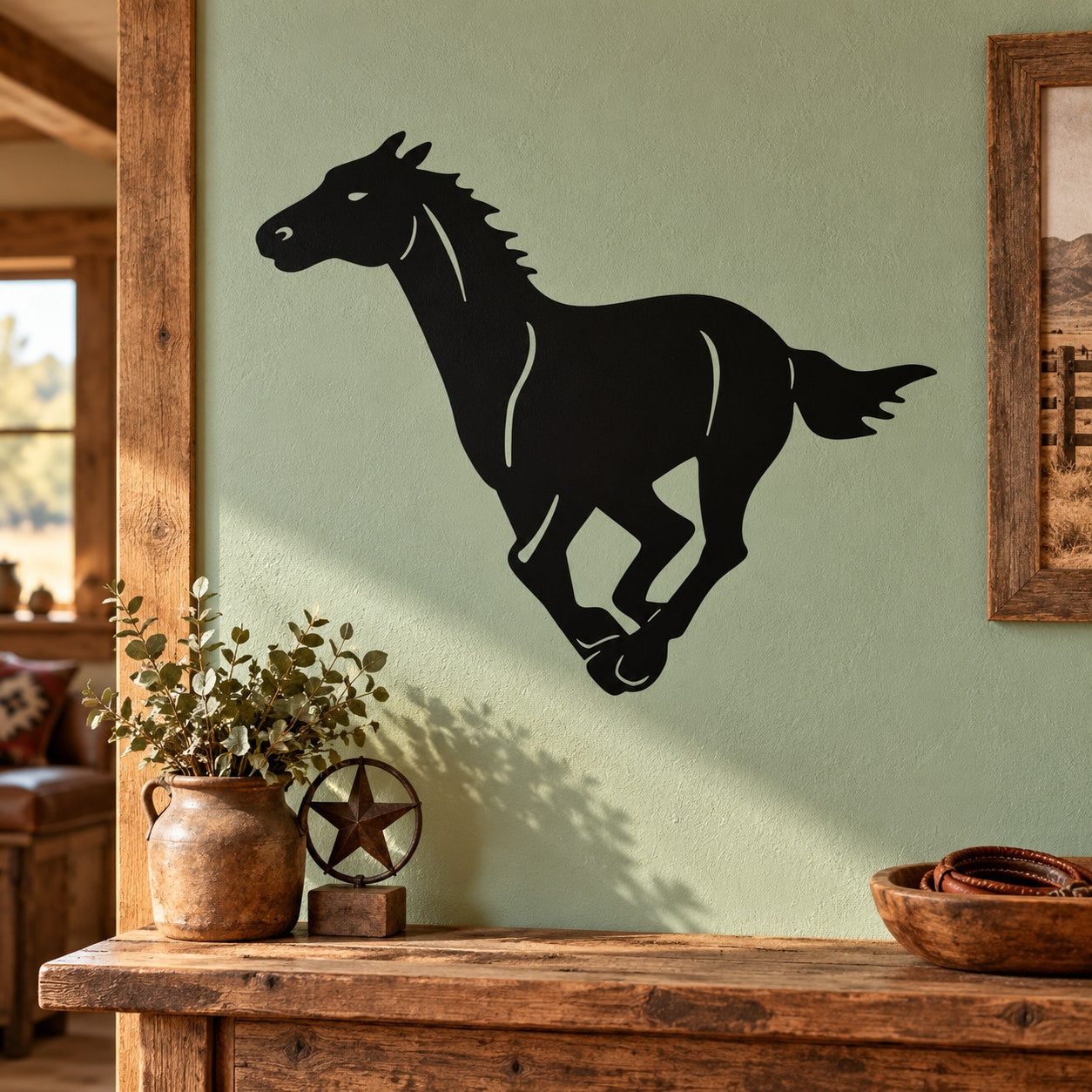Horse galloping silhouette wall decal, black vinyl with dynamic pose