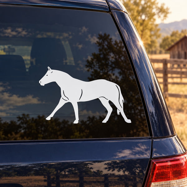 White pacing horse decal on car window, side profile with raised legs
