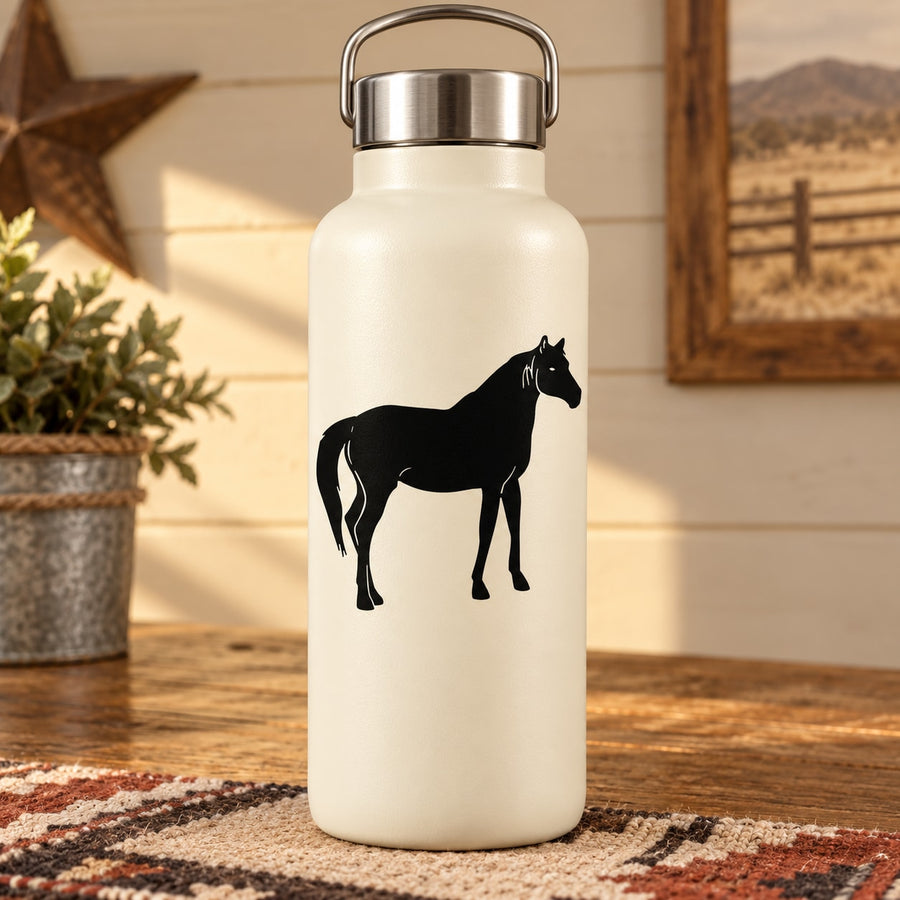 Standing horse silhouette decal, black with white tail detail