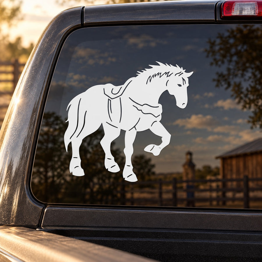 White saddled horse vinyl decal for car windows