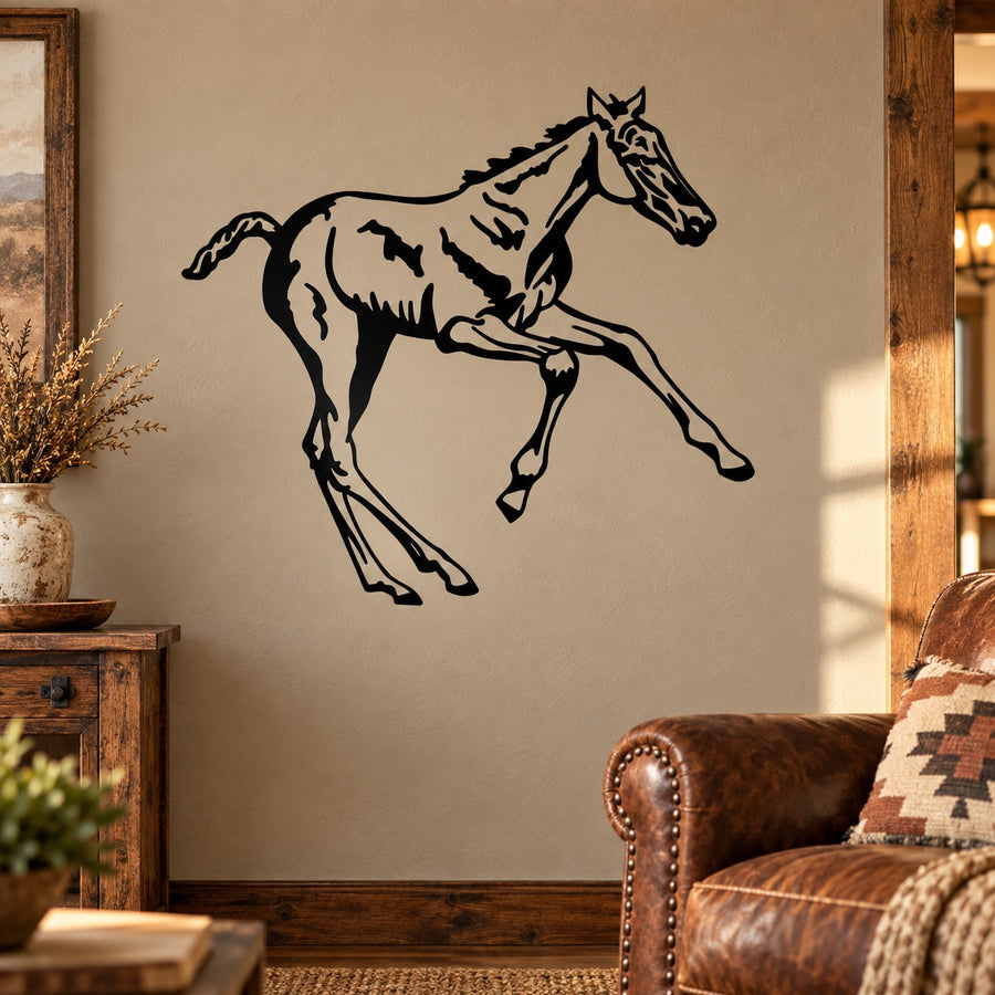 Running foal decal with black outline line-art horse mid-stride.