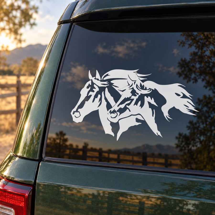 Two horse heads vinyl decal with two white horse silhouettes on a dark window