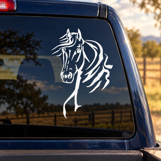 Horse head and mane decal on car window glass
