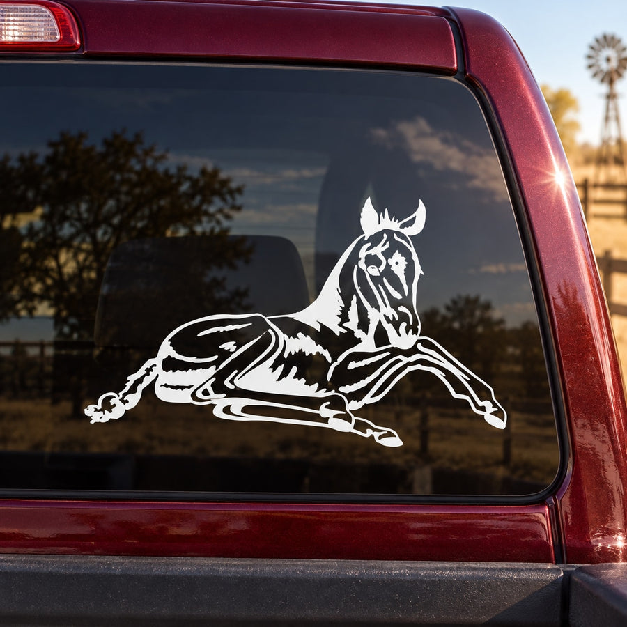 Sitting foal car window decal, white horse graphic