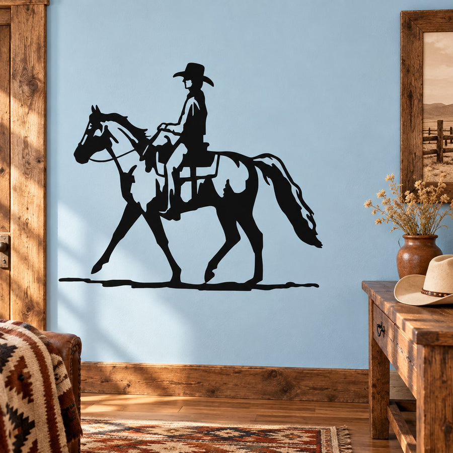 Black cowboy riding horse silhouette decal with lasso rope line