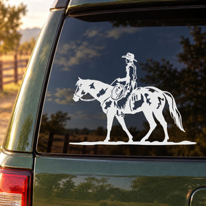 Rodeo cowboy riding horses decal, white silhouette of cowboy and horse on vehicle