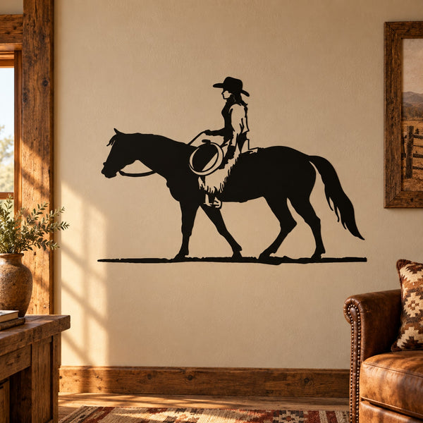 Black cowboy on horseback wall decal, riding horse silhouette