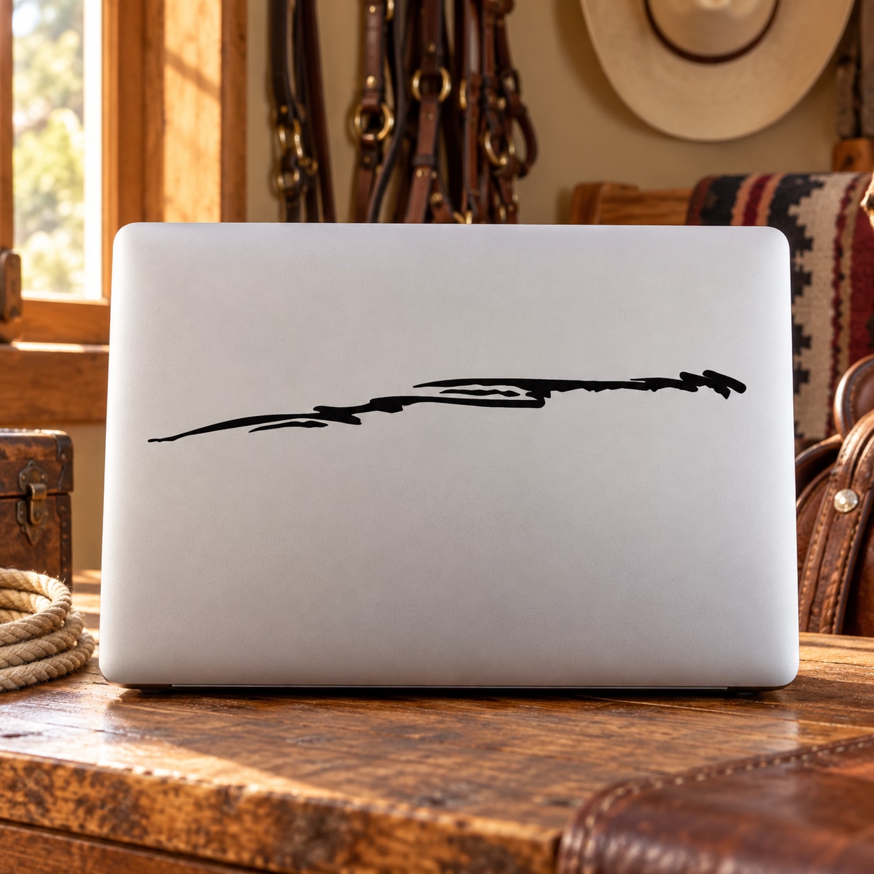 Horse silhouette line art decal, black on a laptop screen