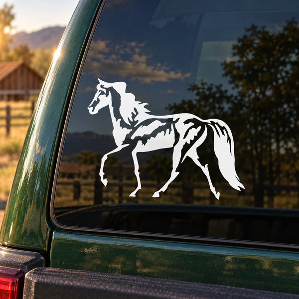 White horse silhouette decal sticker on a car window