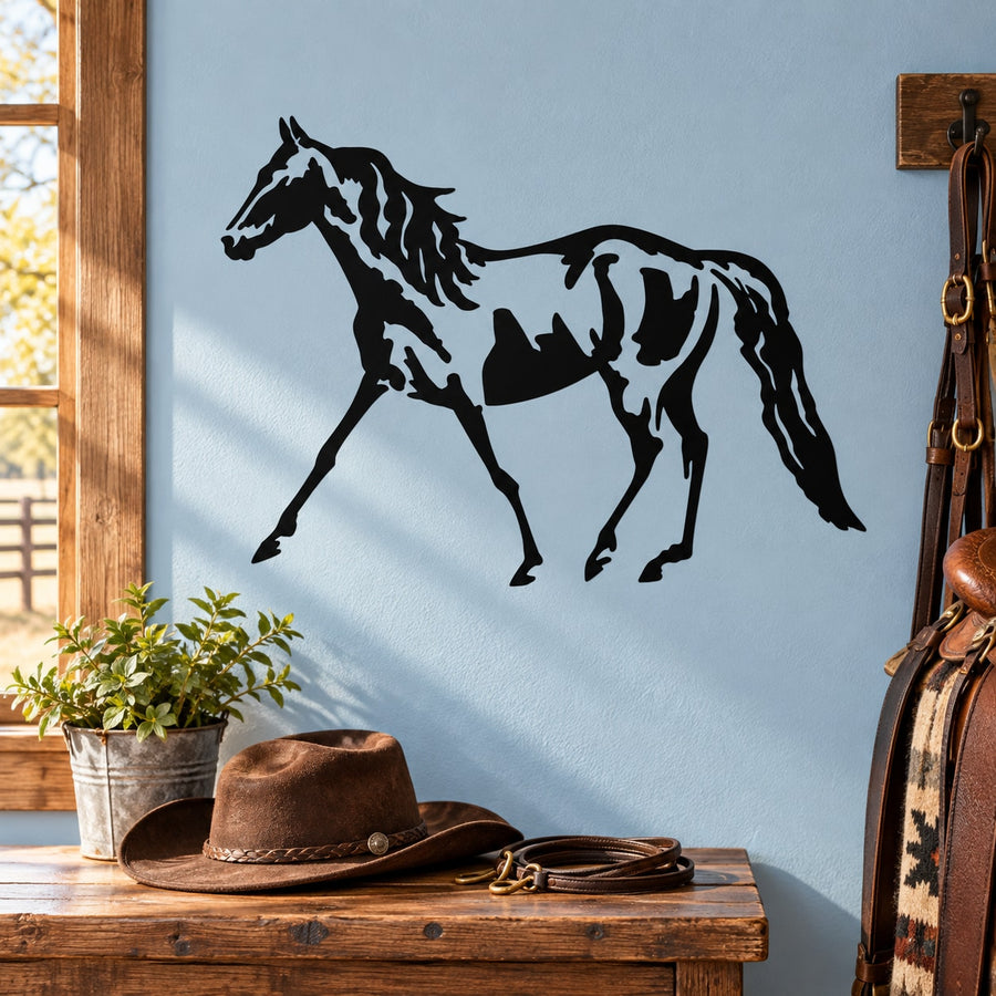 Walking horse decal featuring a black silhouette of a horse in motion