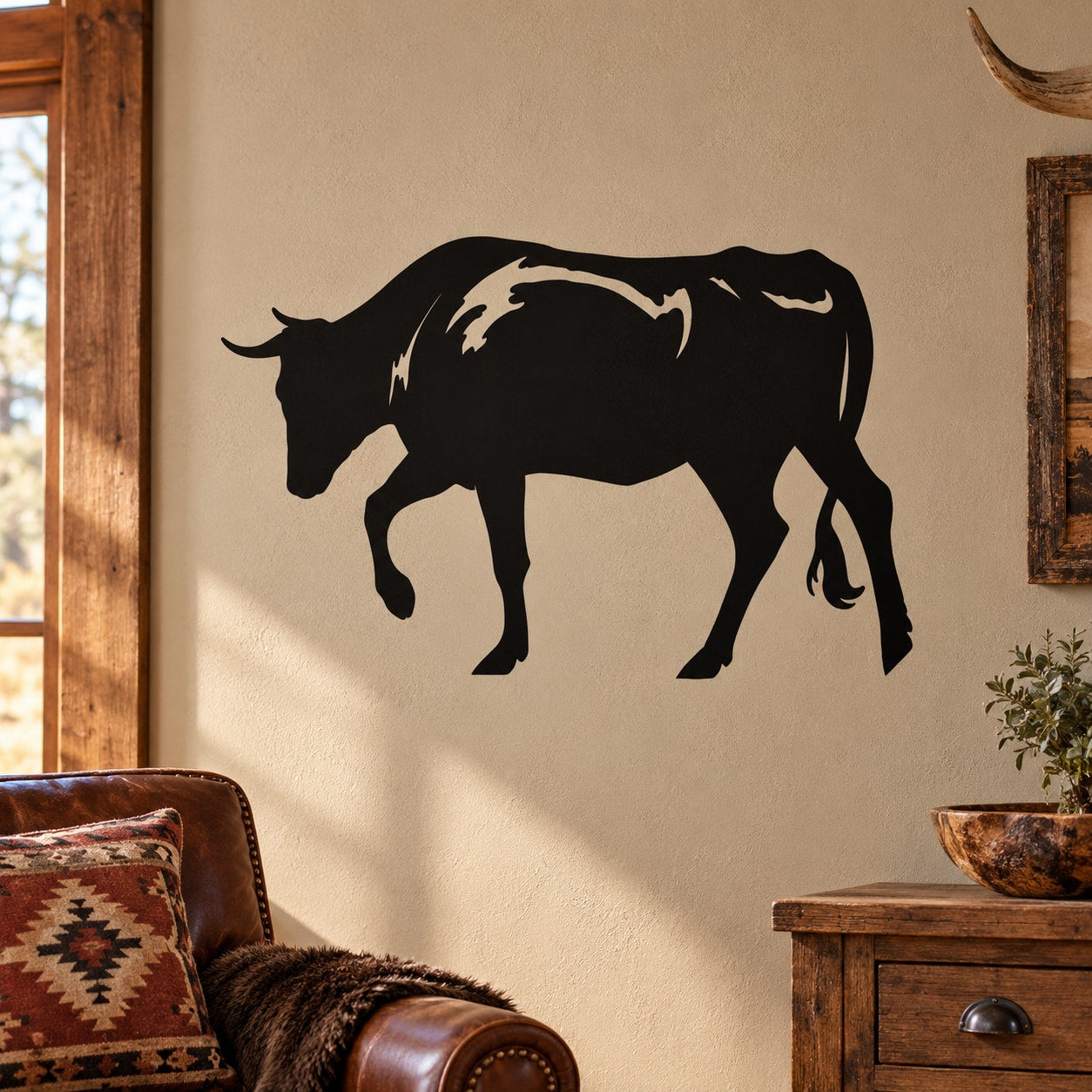 Bull charging silhouette decal, black with cream highlights