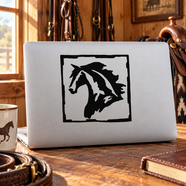 Jagged square decal with black horse head silhouette on light background