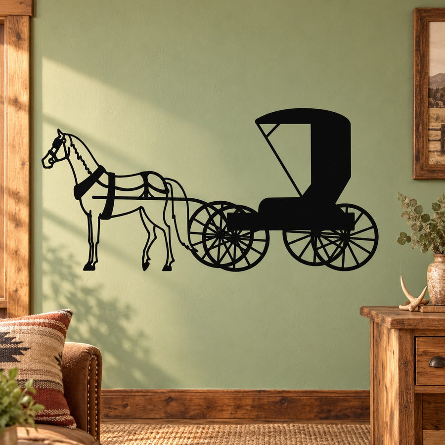 Horse-drawn carriage wall decal silhouette with horse and four-wheel cart, black.
