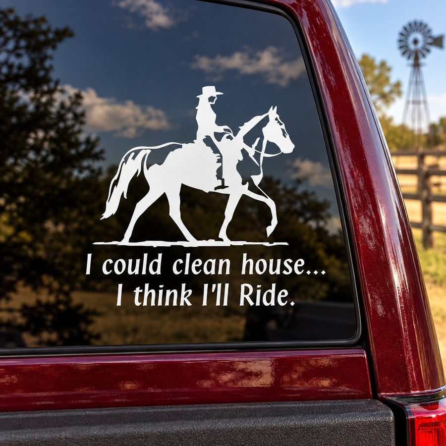 Vinyl horse rider decal with 'I think I'll Ride' text and white silhouette