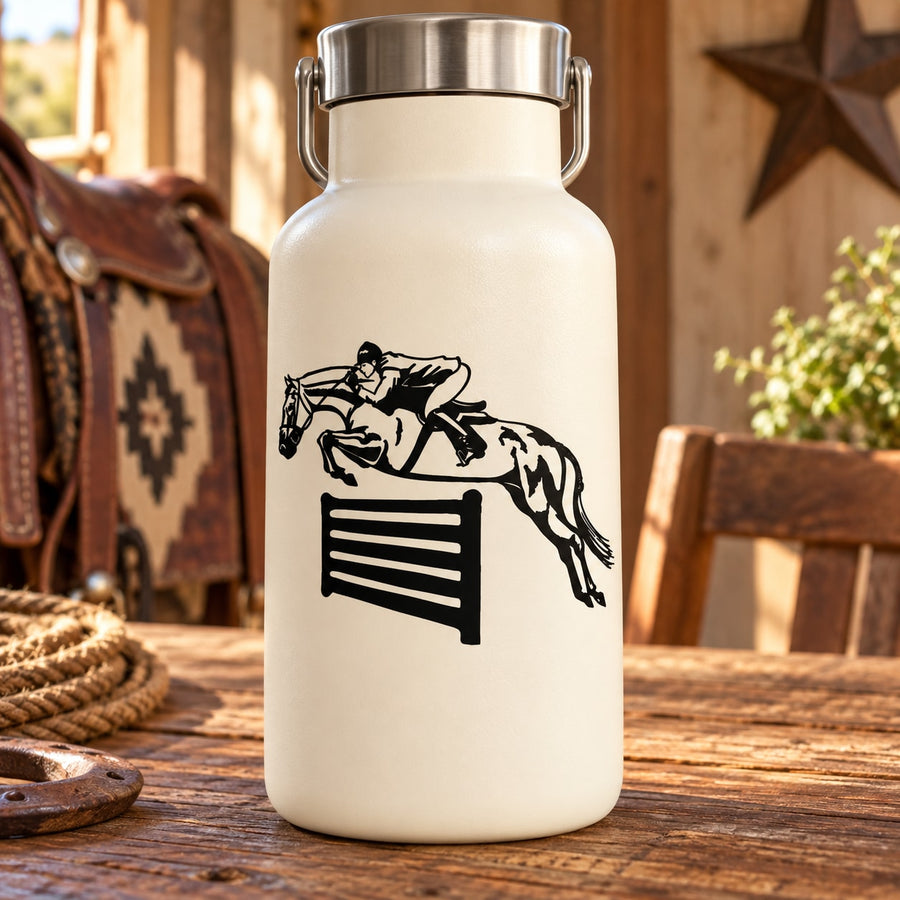 White bottle with black jumping horse and fence graphic decal