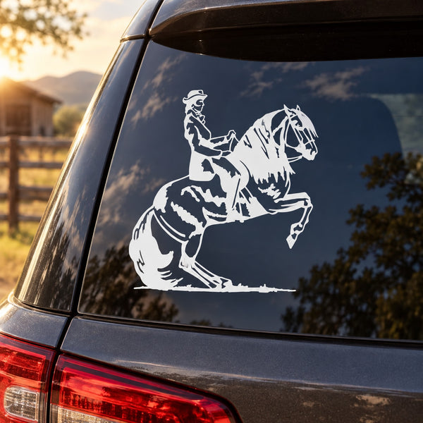 Horse-and-girl decal sticker on dark car window glass