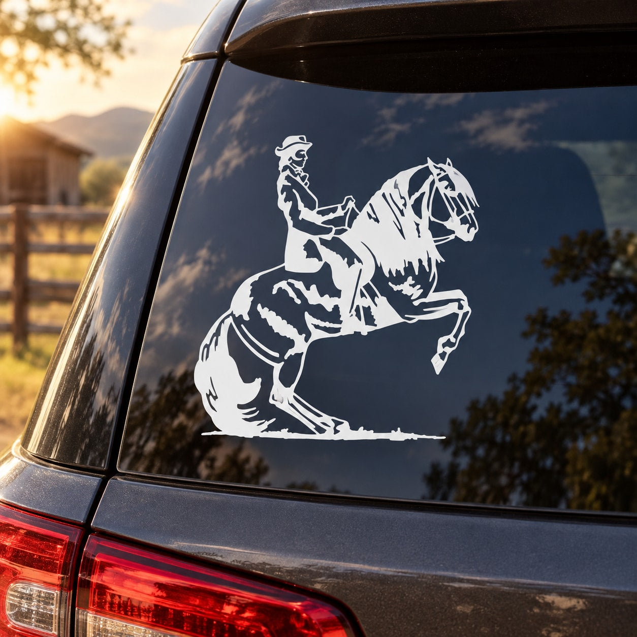 Horse-and-girl decal sticker on dark car window glass