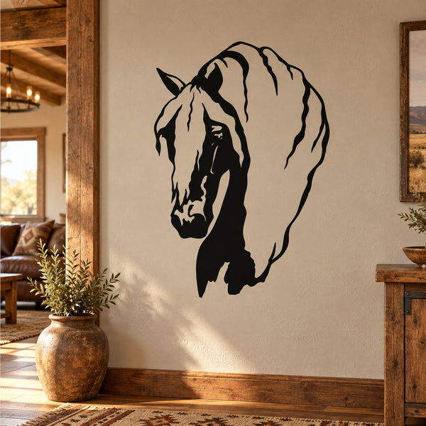 Horse head decal with black-and-white line art profile
