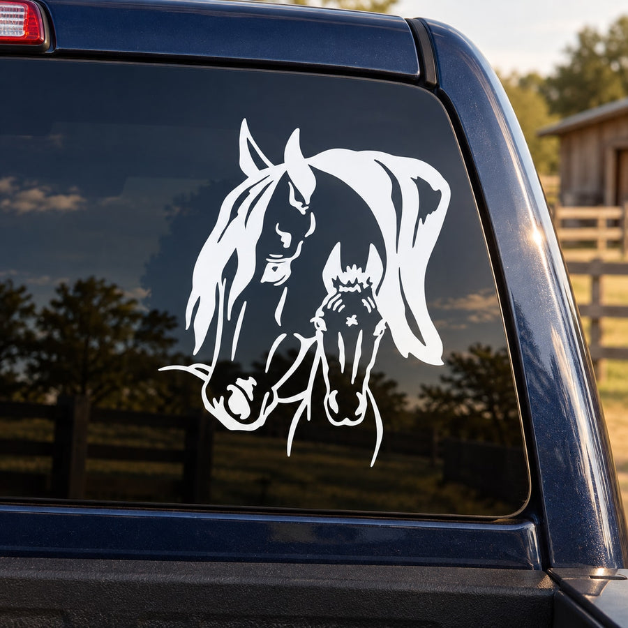 Horse and foal cuddling window decal, white silhouette