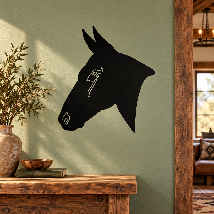 Pointy eared horse head decal, black silhouette with white line-art details