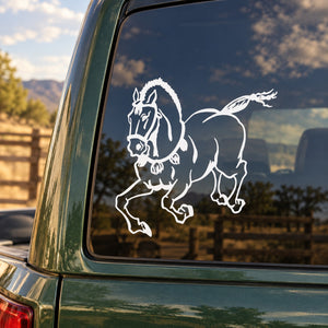 Running horse decal with bell collar, white outline on dark surface