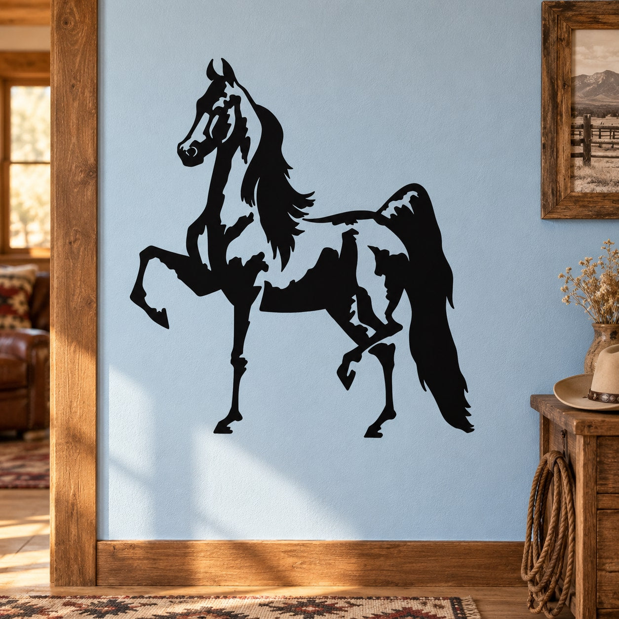 Horse trotting silhouette wall decal, black fancy stallion design