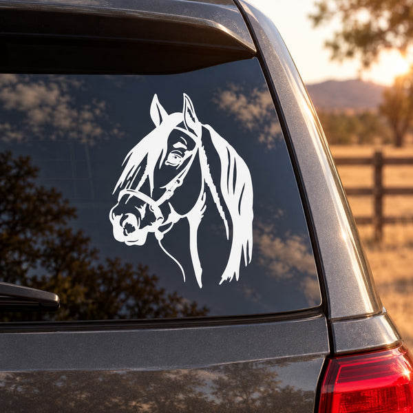 Horse with bridle decal sticker in white on dark car window