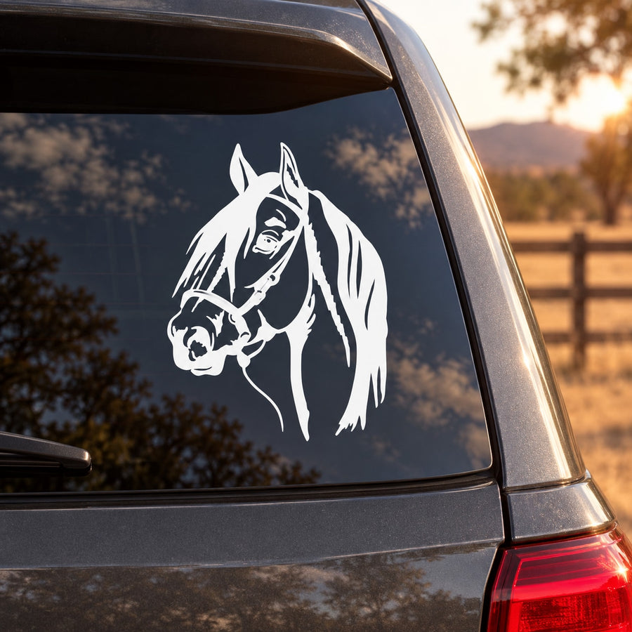 Horse with bridle decal sticker in white on dark car window