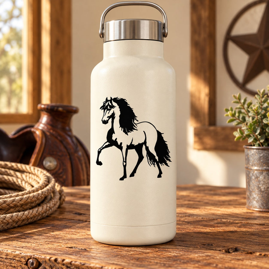 Horse canter decal silhouette on white water bottle