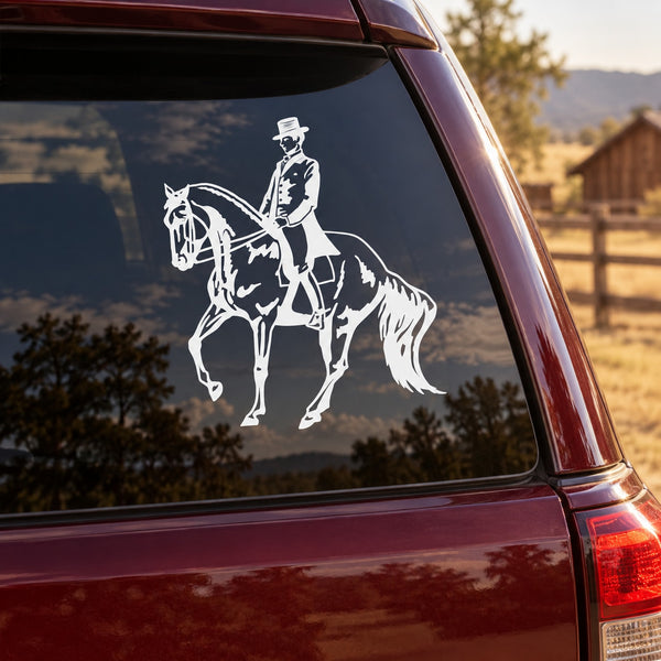 Guy riding horse decal, white outlined cowboy and horse on car window