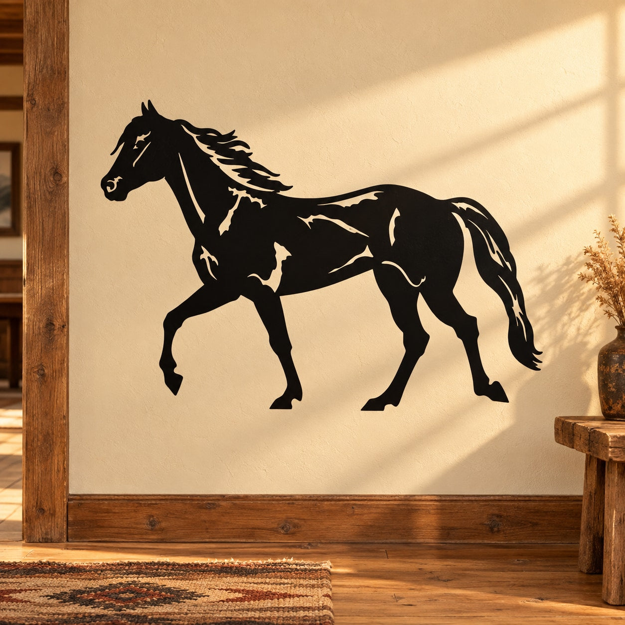Walking mustang decal with black horse silhouette