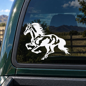 Running mustang decal sticker, white horse on dark window glass