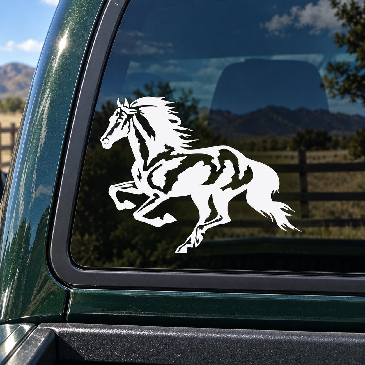 Running mustang decal sticker, white horse on dark window glass