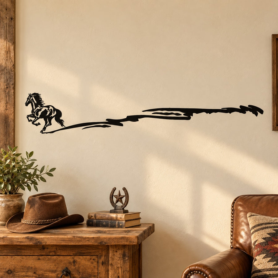 Black long trail running horse wall decal with motion lines