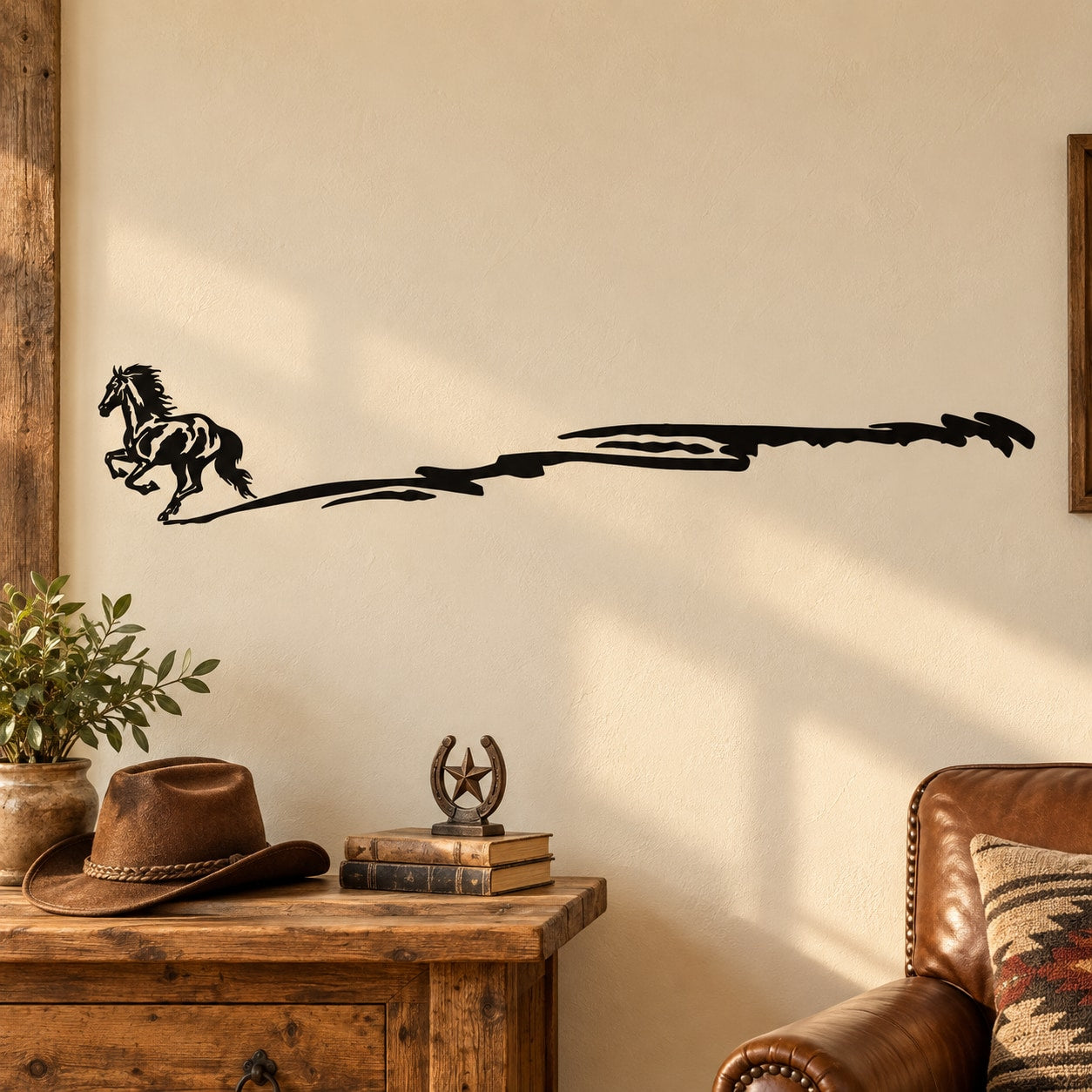 Black long trail running horse wall decal with motion lines