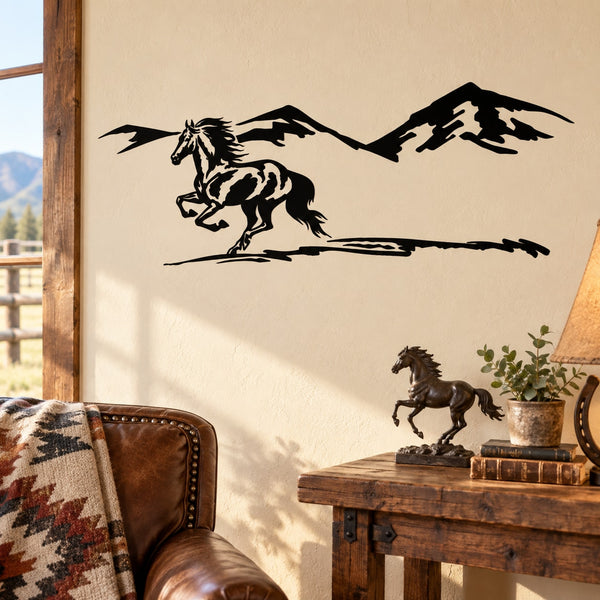 Black running horse and mountain wall decal with shadow silhouette