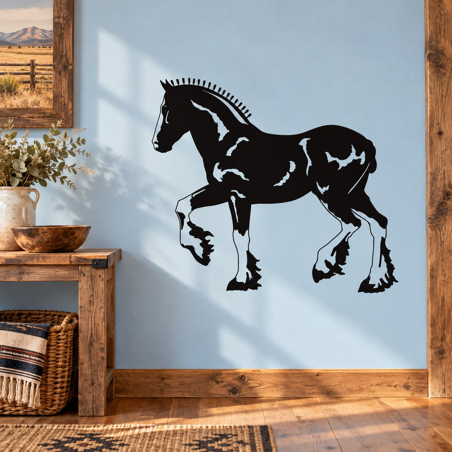 Shire horse decal, black trotting silhouette on light surface